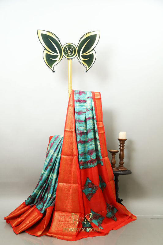 Turquoise and Red Tie Dye Saree