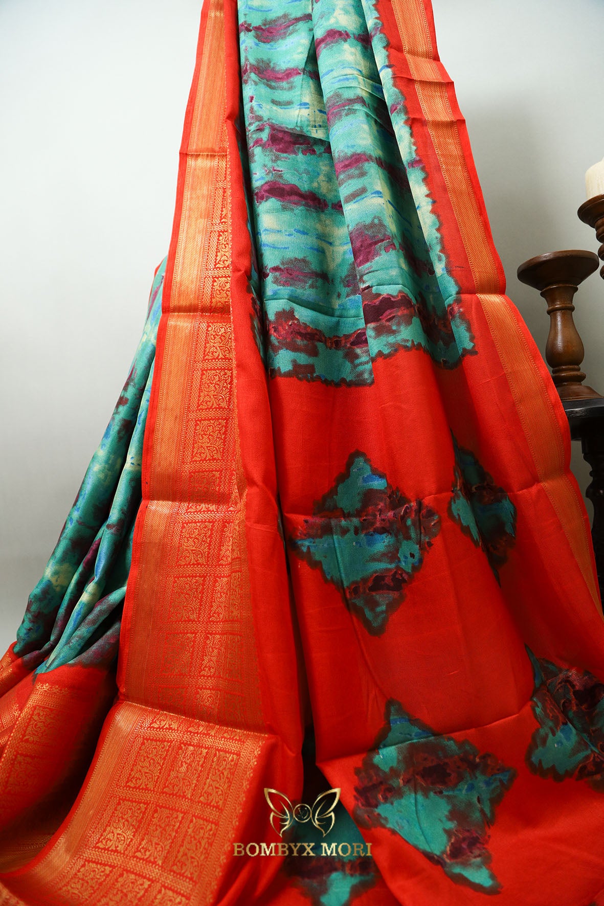 Turquoise and Red Tie Dye Saree