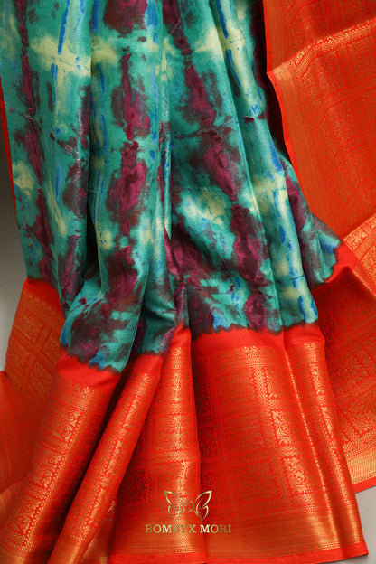 Turquoise and Red Tie Dye Saree