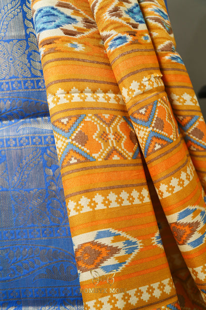 Yellow Blue Rajwada Saree