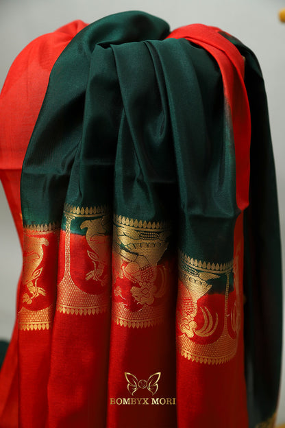 Forest Green and Red Baluchari saree