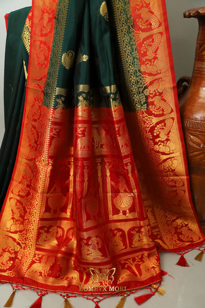 Forest Green and Red Baluchari saree