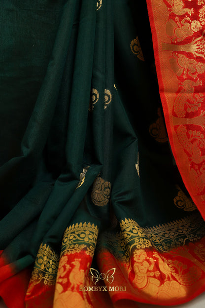 Forest Green and Red Baluchari saree