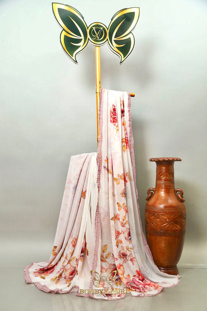 Off-White and Lilac Floral Printed Saree