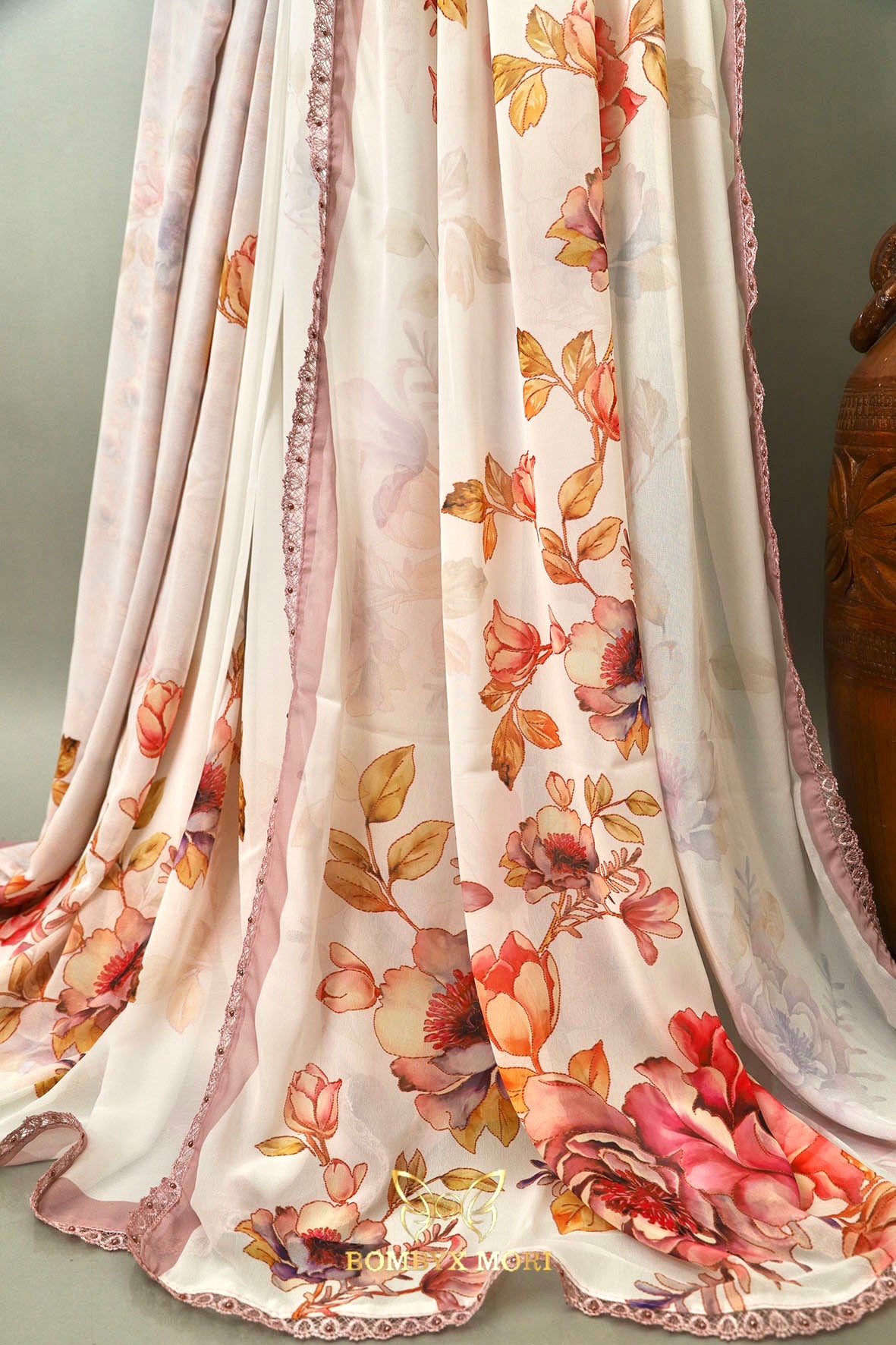 Off-White and Lilac Floral Printed Saree