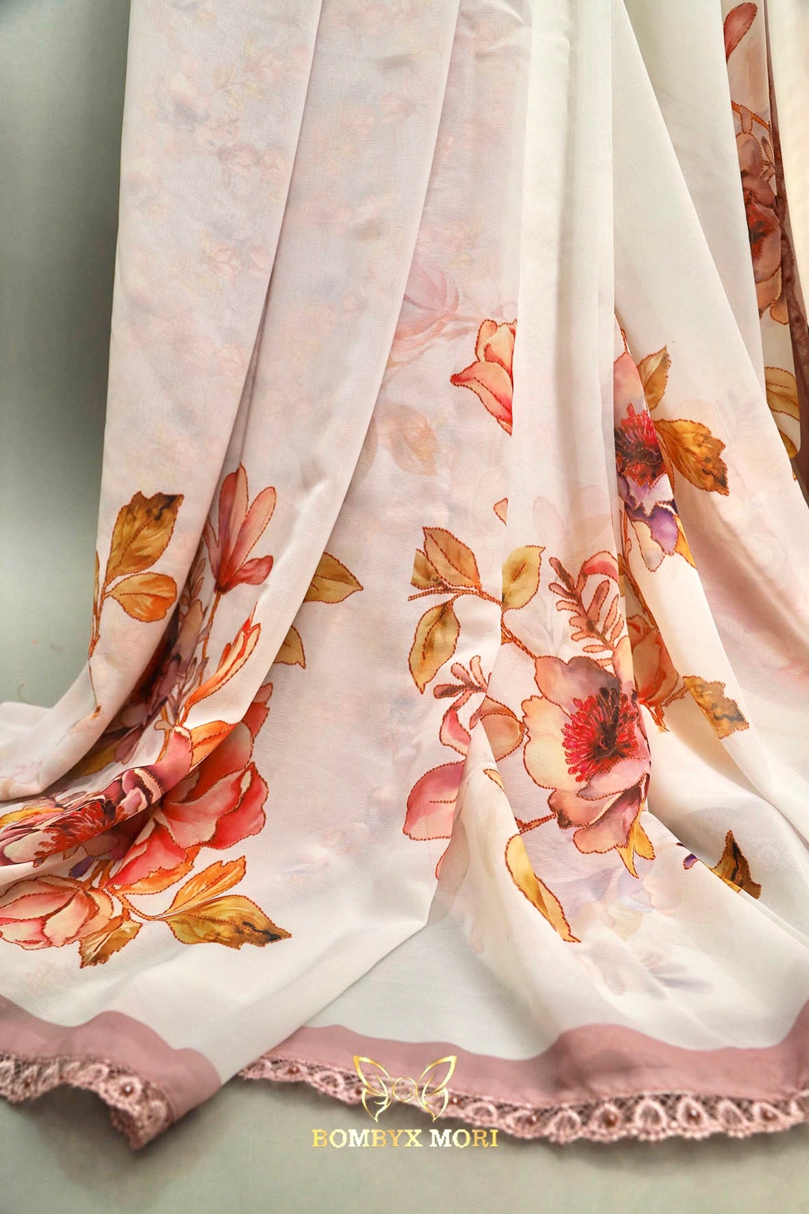 Off-White and Lilac Floral Printed Saree