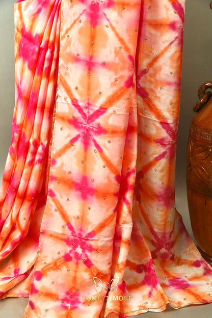 Vibrant Pink and Orange Tie-Dye Rajwada saree