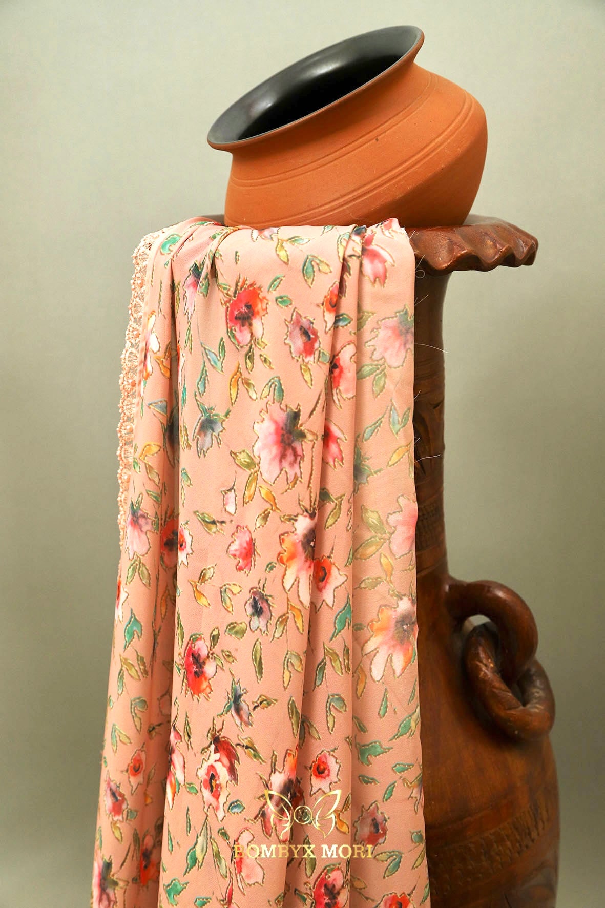 Off-White and Peachy Floral Print Saree