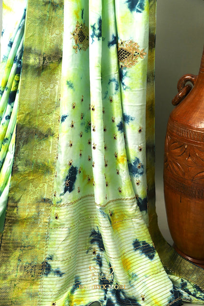 Blue Green Yellow Tie Dye Rajwada Saree