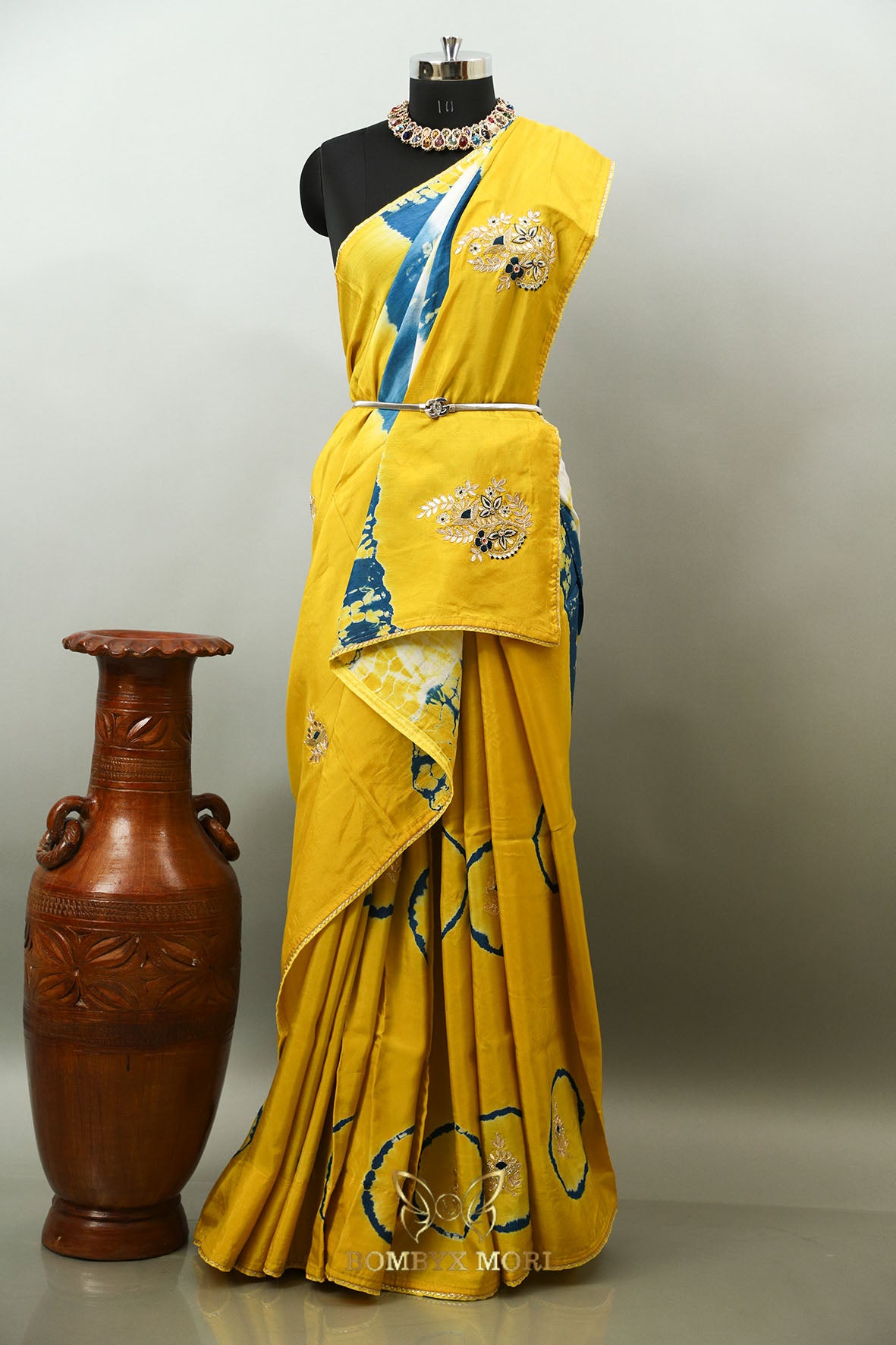 Designer Yellow and Blue Tie-Dye saree