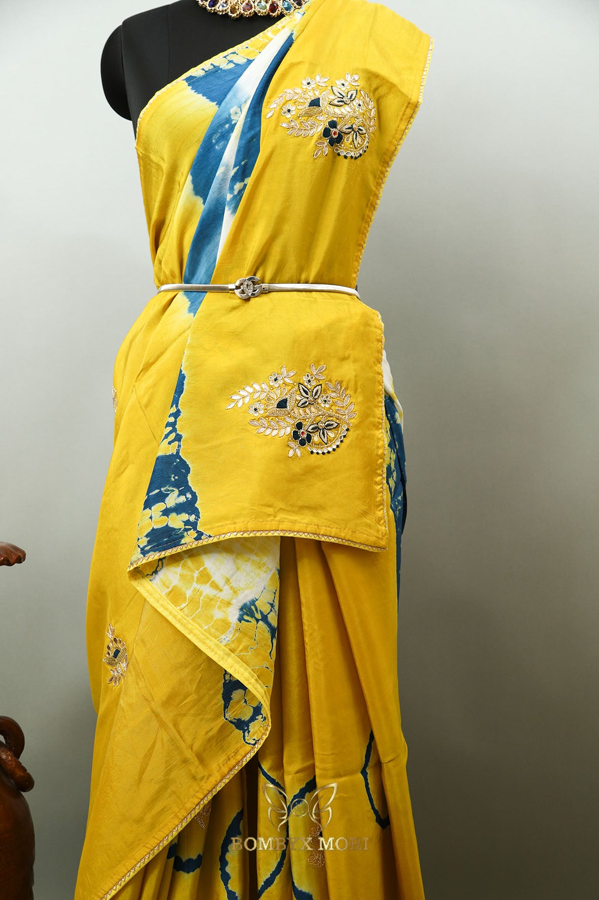 Designer Yellow and Blue Tie-Dye saree