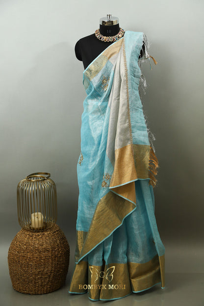 Sky Blue Linen Rajwada Saree