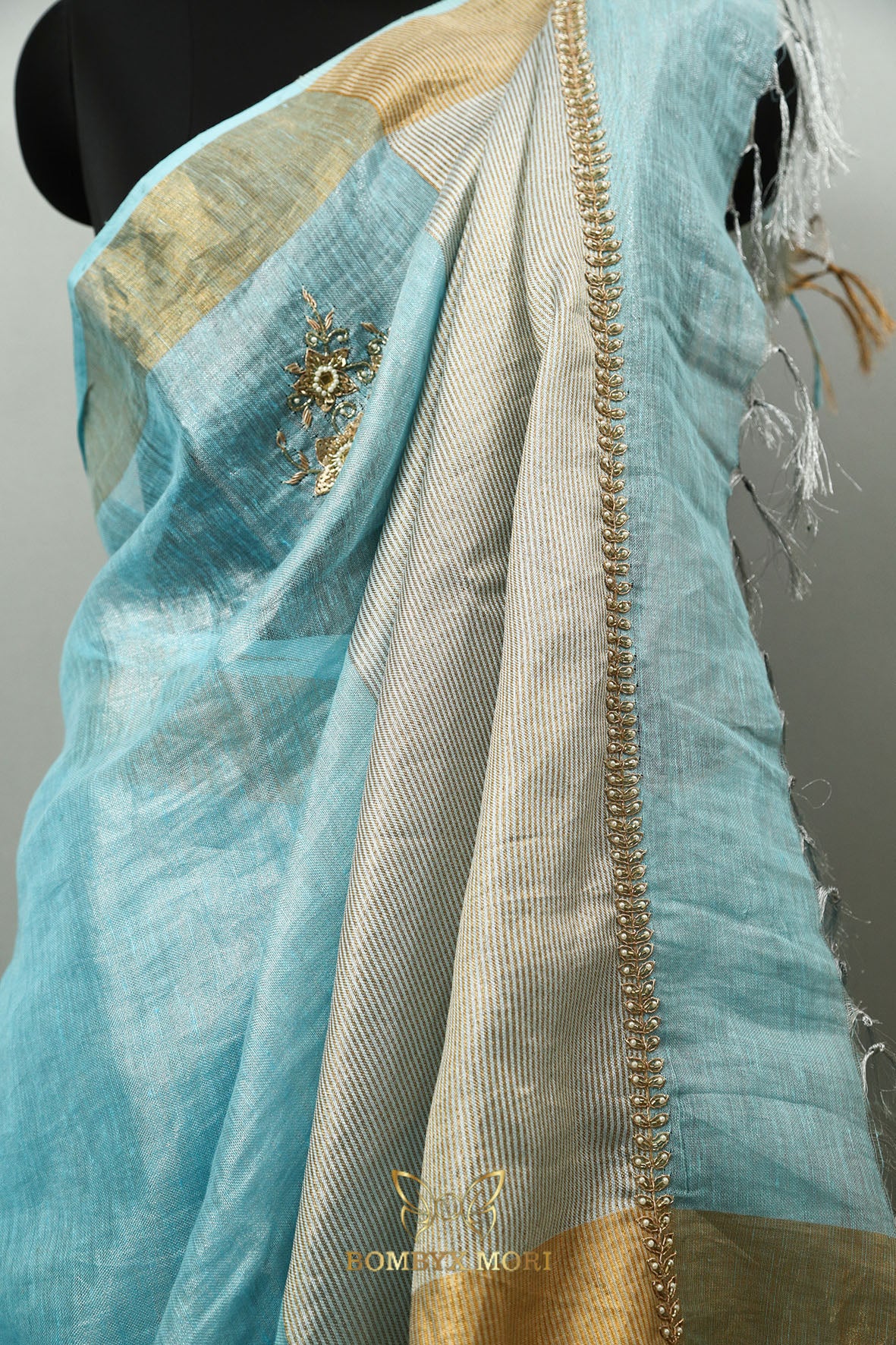 Sky Blue Linen Rajwada Saree