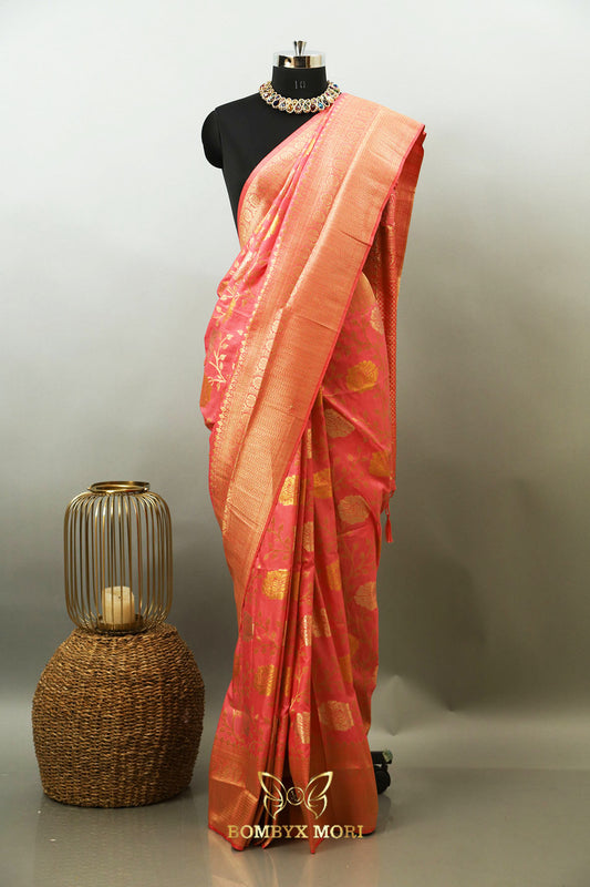 Soft Pink Golden Uppada Silk Saree,