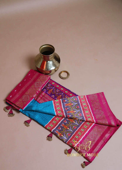 Vibrant Blue Pink Patola Silk Saree