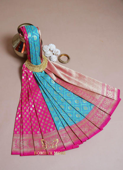 Sea Green And Pink Gharchola Banarasi Silk Saree