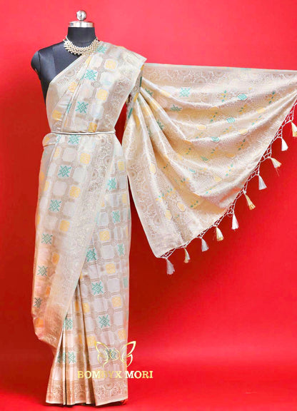 Cream Gharchola Silk Saree