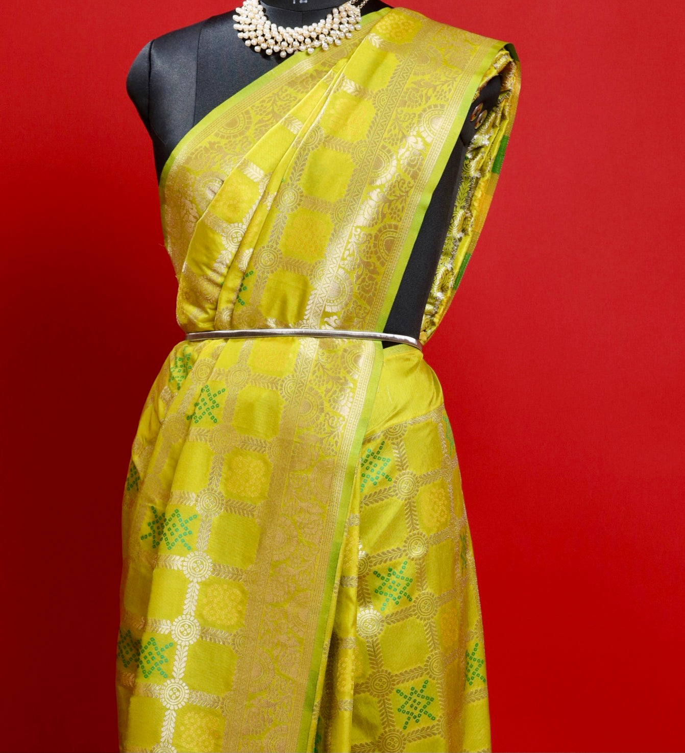 Golden Meadows Green Gharchola Silk Saree