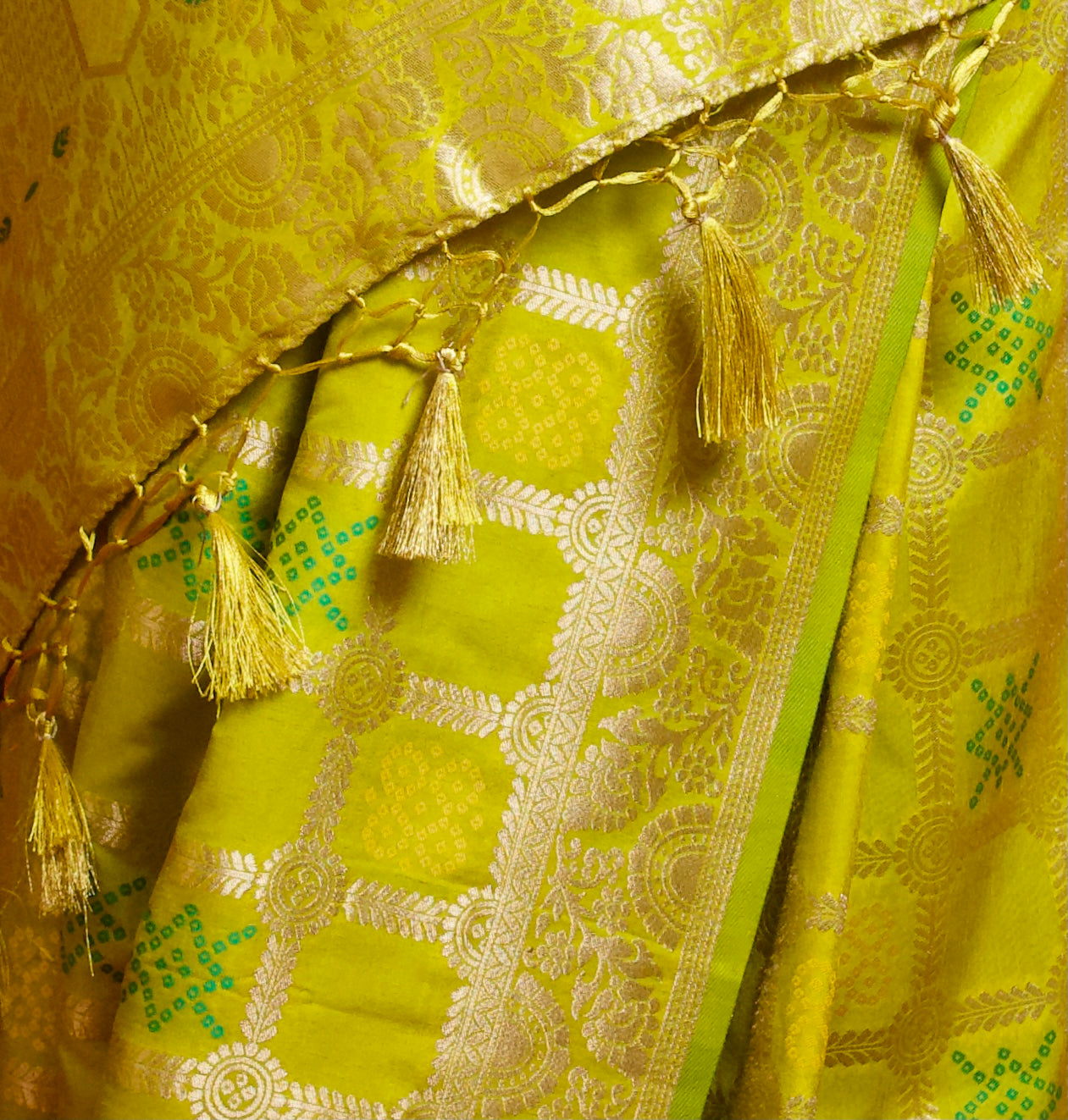 Golden Meadows Green Gharchola Silk Saree