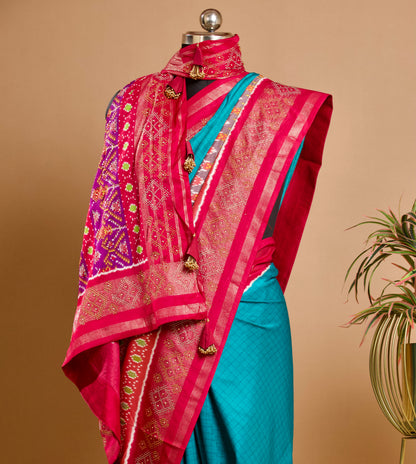 Vibrant Blue Pink Patola Silk Saree