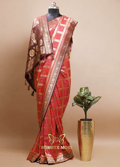 Checkered Red Gharchola Silk Saree