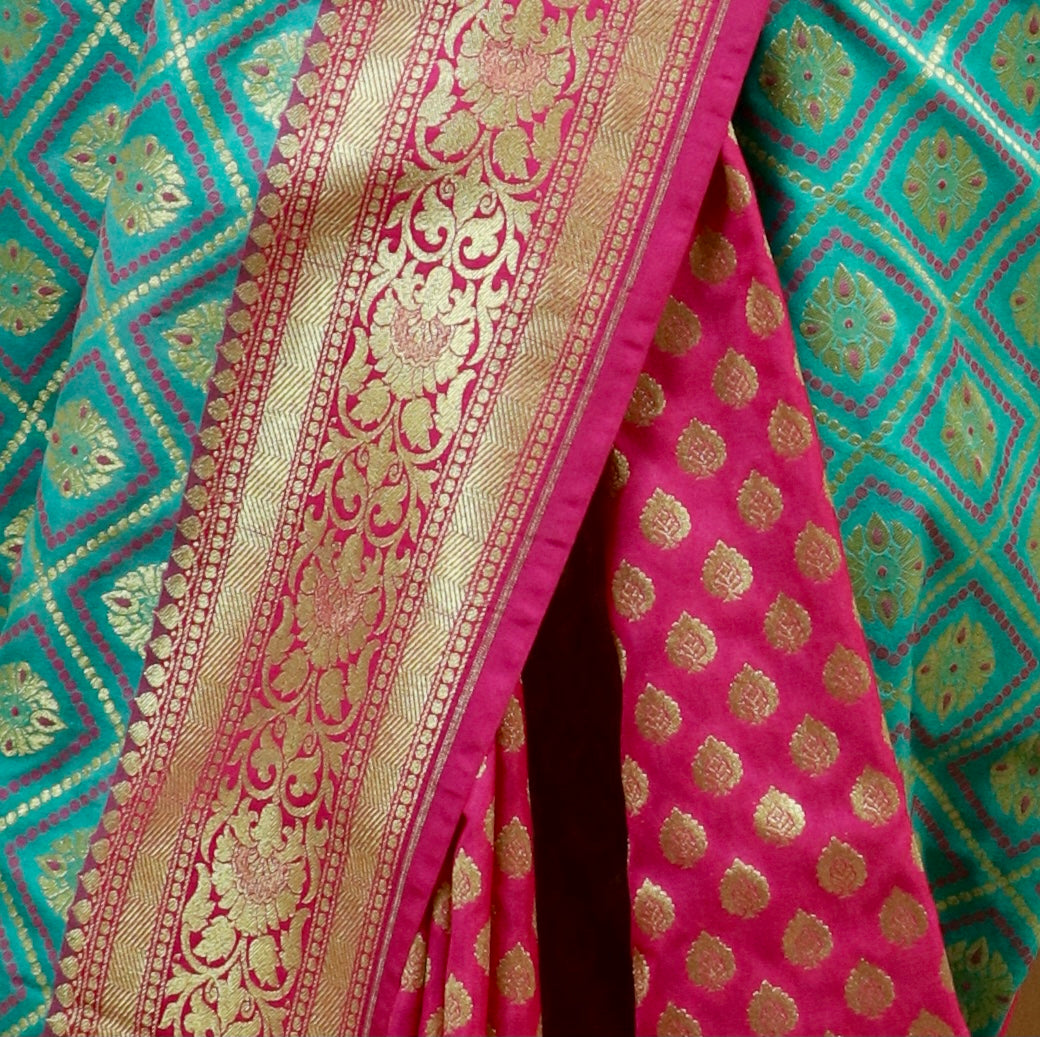 Sea Green And Pink Gharchola Banarasi Silk Saree