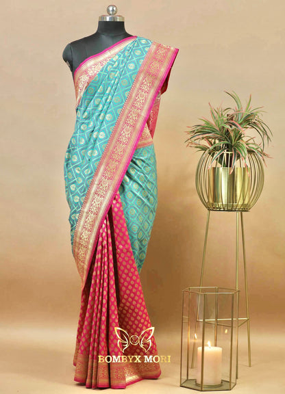 Sea Green And Pink Gharchola Banarasi Silk Saree