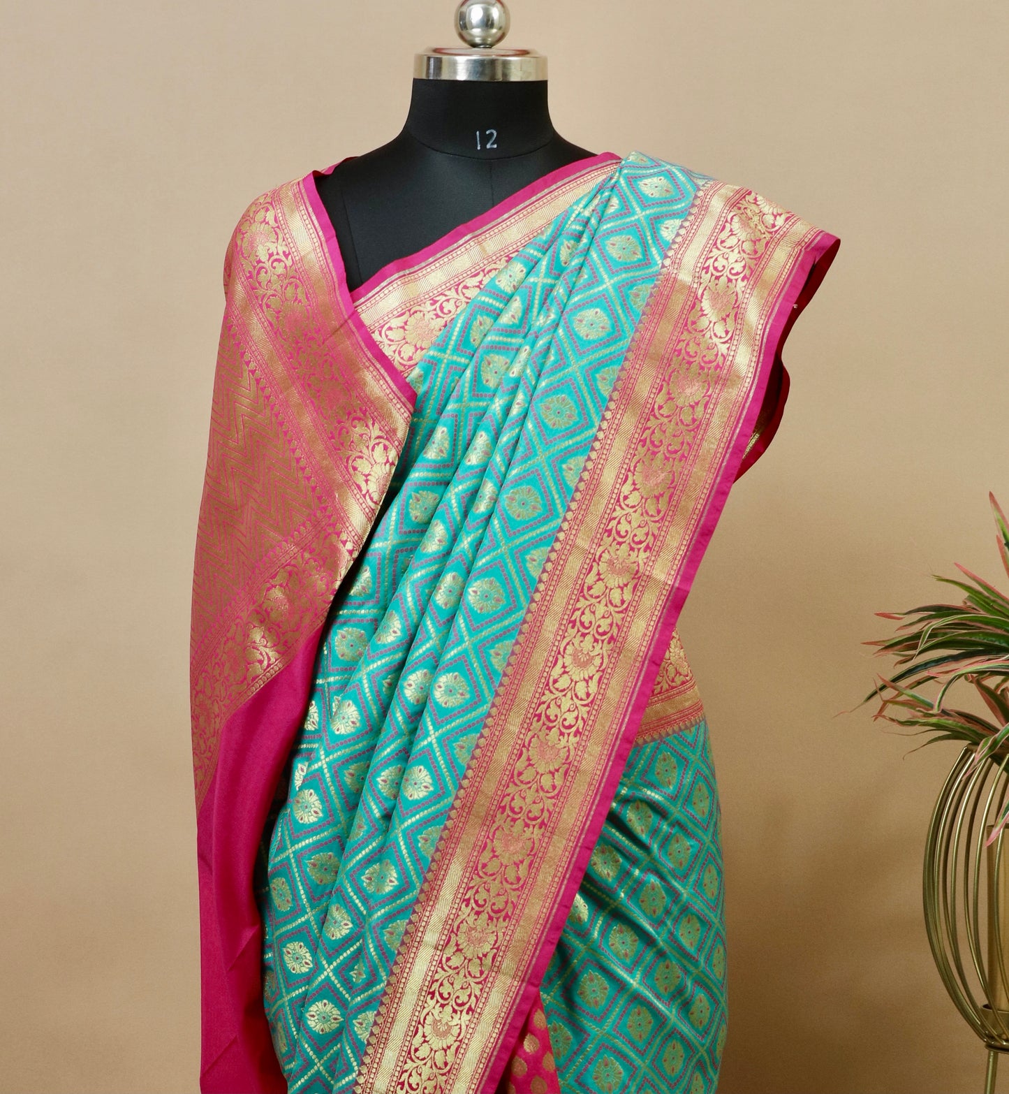 Sea Green And Pink Gharchola Banarasi Silk Saree