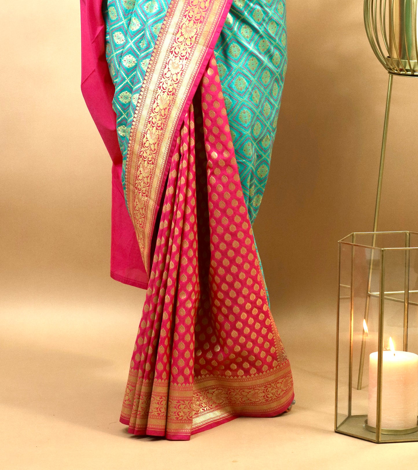 Sea Green And Pink Gharchola Banarasi Silk Saree