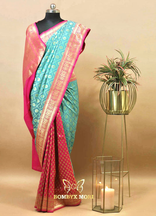 Sea Green And Pink Gharchola Banarasi Silk Saree