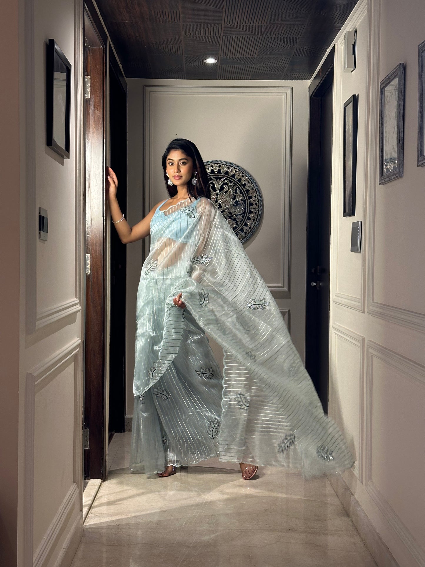 Sky Blue Oak Leaf Saree