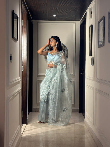 Sky Blue Oak Leaf Saree