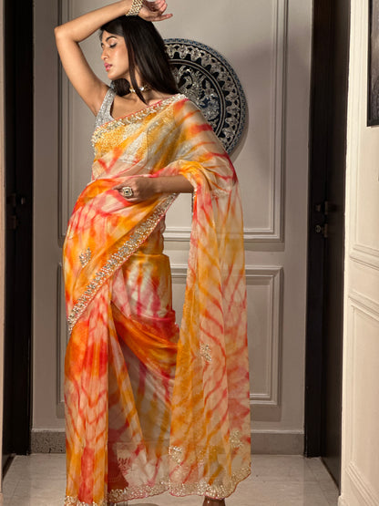 Pink Orange Tie Dye Saree