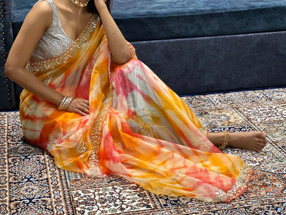 Pink Orange Tie Dye Saree