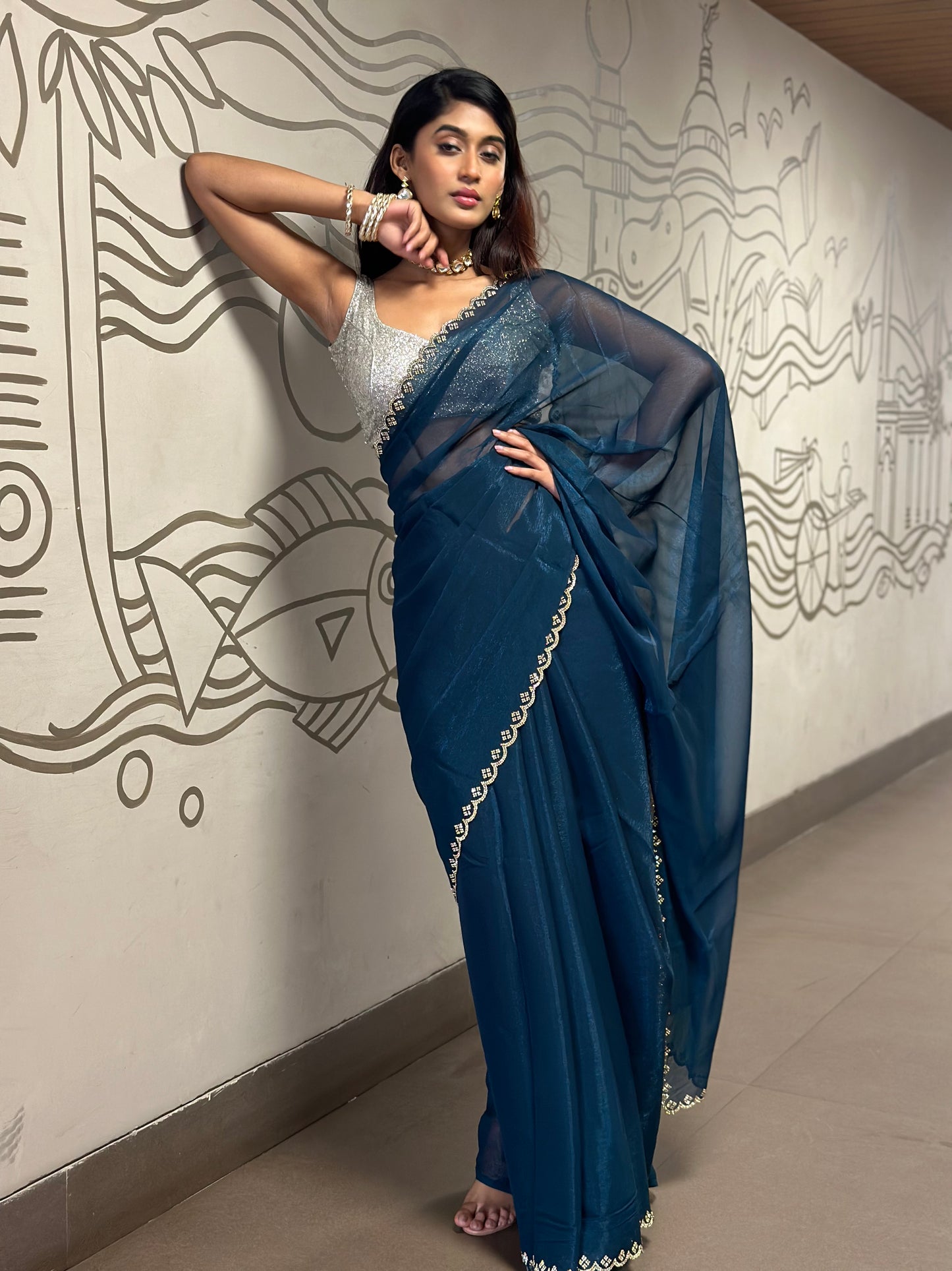 Teal Blue Swarovski Saree