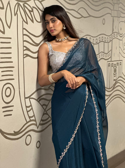 Teal Blue Swarovski Saree