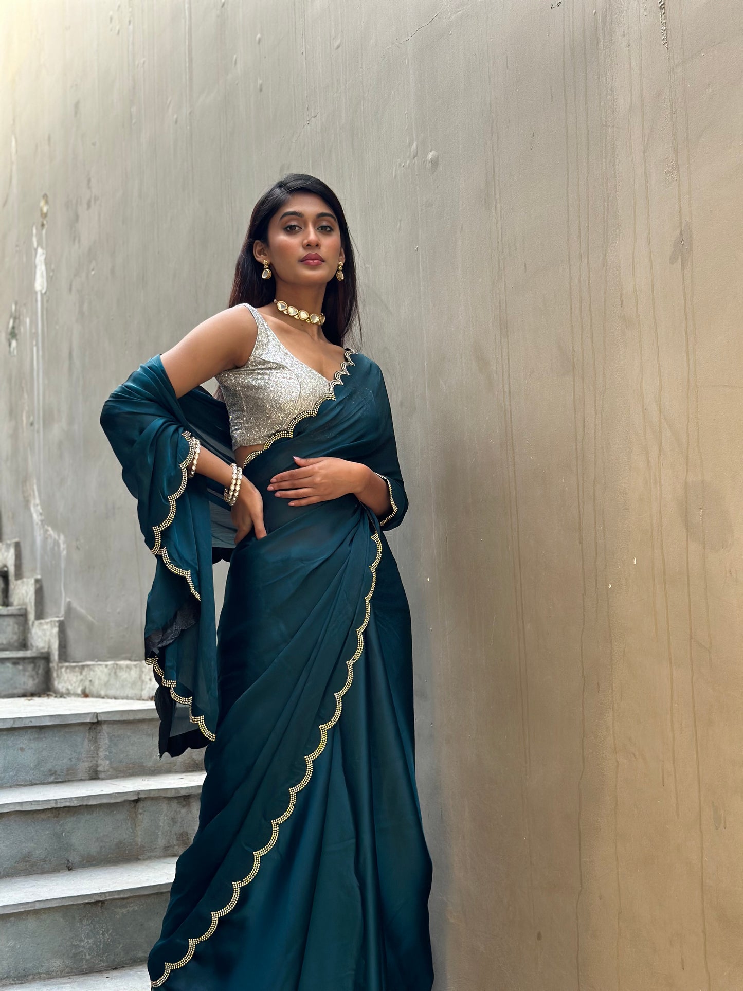 Teal Blue Swarovski Saree