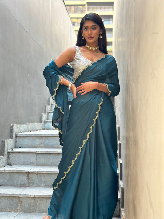 Teal Blue Swarovski Saree