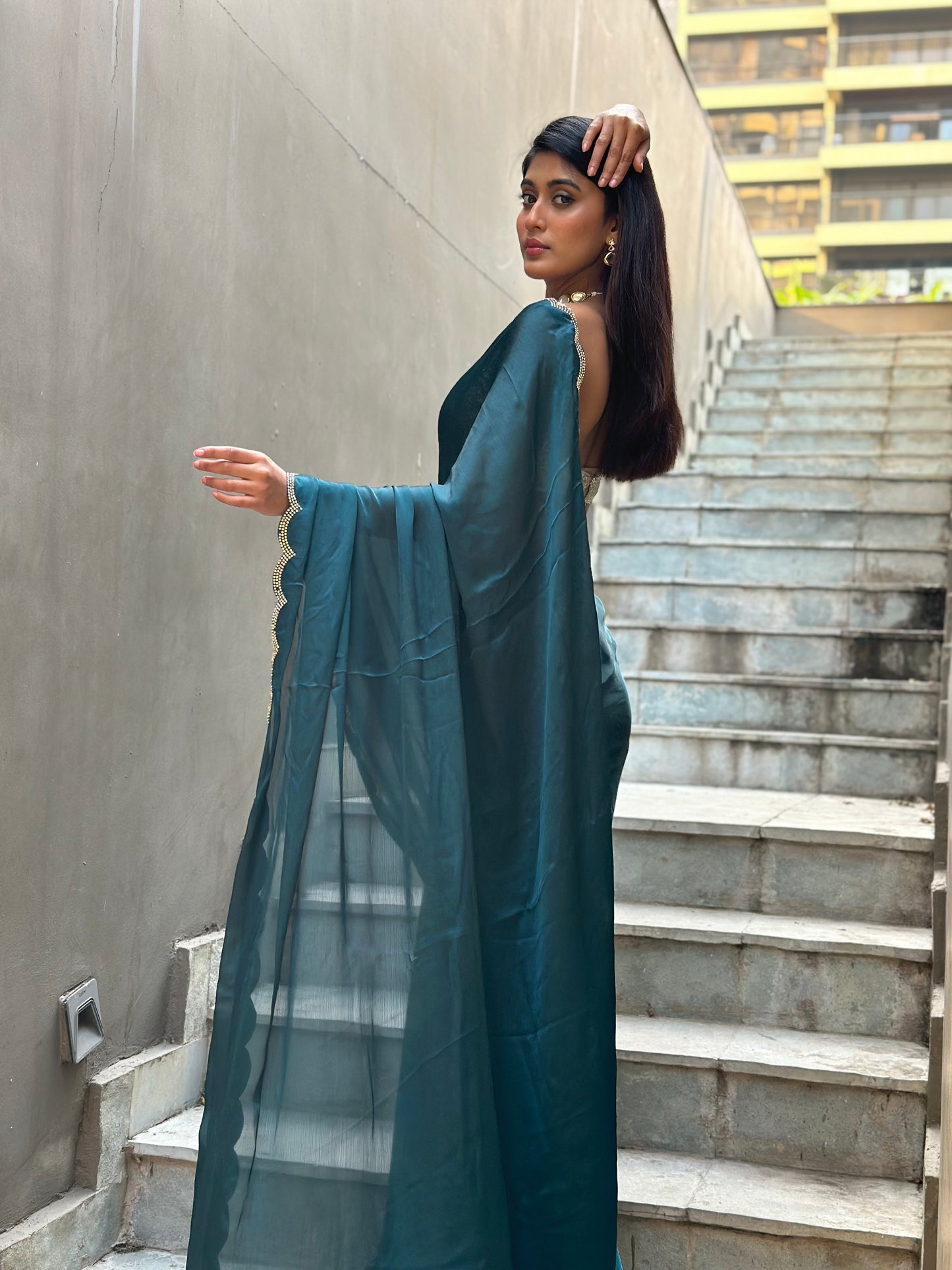 Teal Blue Swarovski Saree