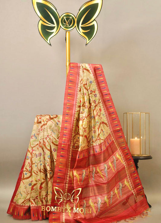 Beige Coral Pink Handloom Saree