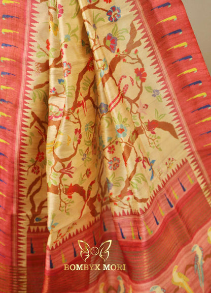 Beige Coral Pink Handloom Saree