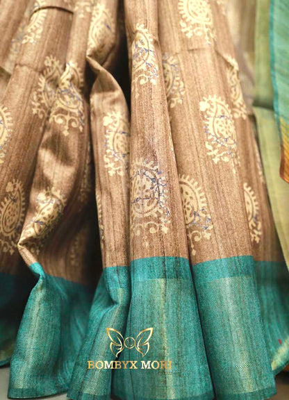 Sugar Brown and Dark Cyan Handloom Saree