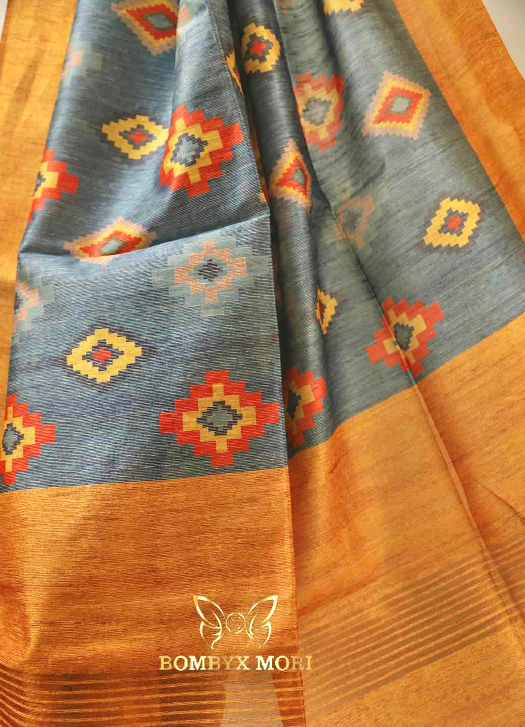 Denim Blue and Golden Handloom Saree