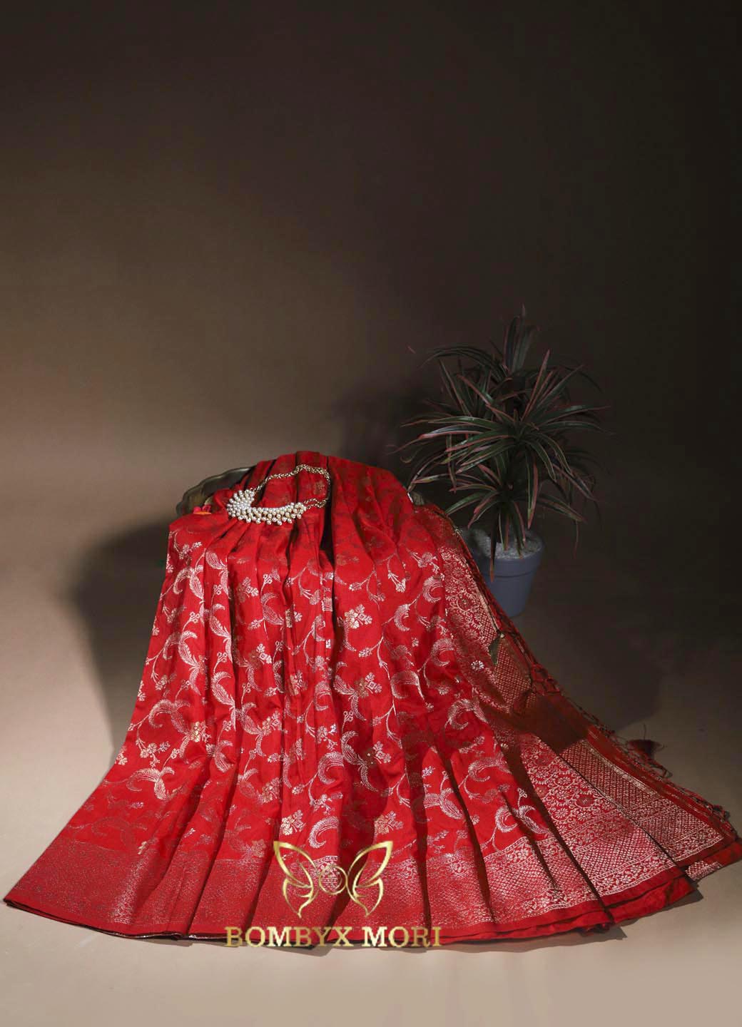 Vermillion Red Bombyx Banarasi saree