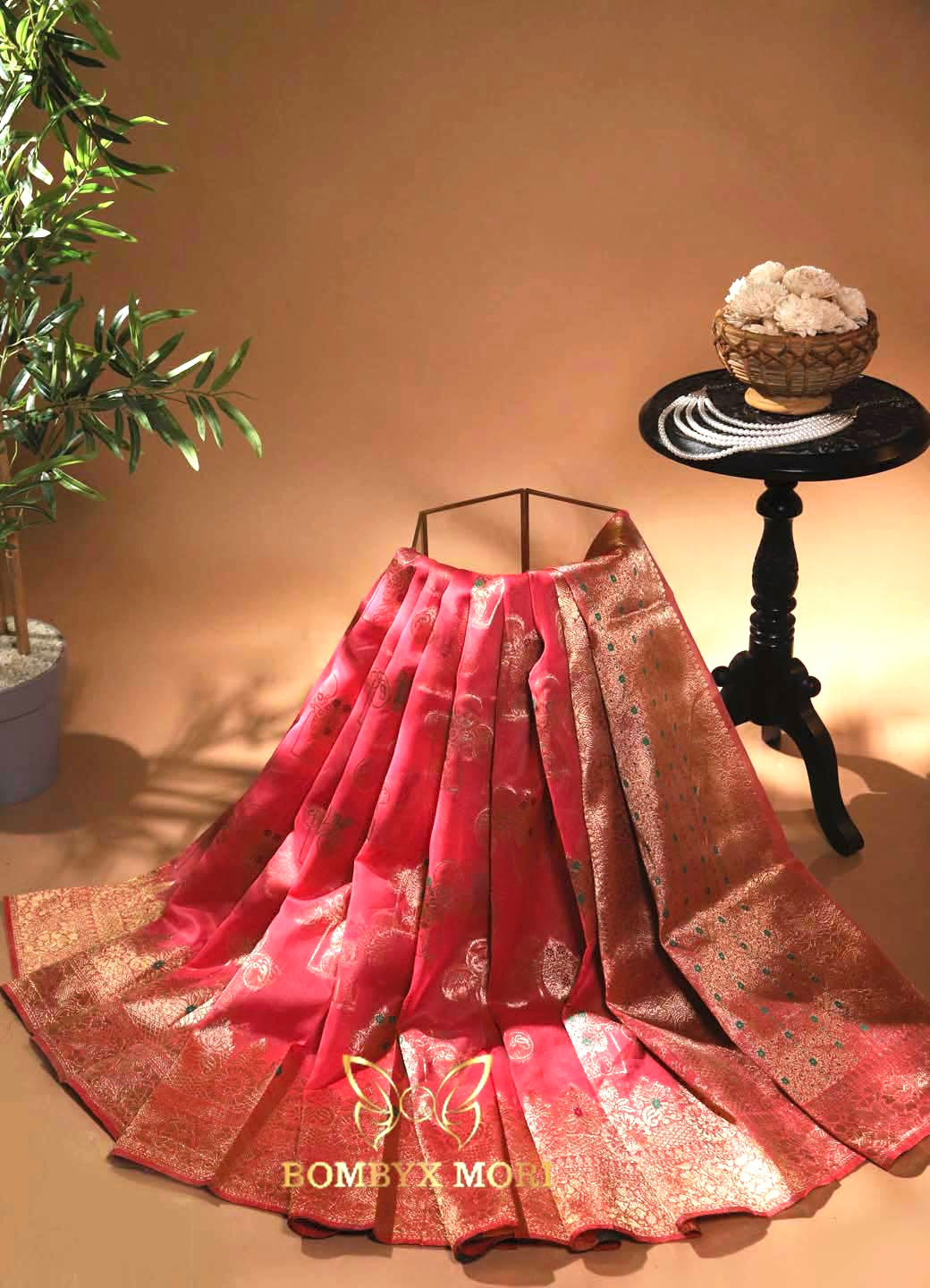 Coral Red Organza Saree