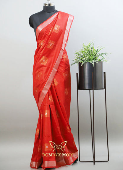 Vermillion Red Bhagalpuri Silk Saree