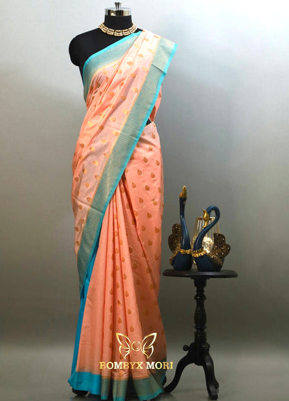 Coral Pink and Blue Bombyx Banarsi saree