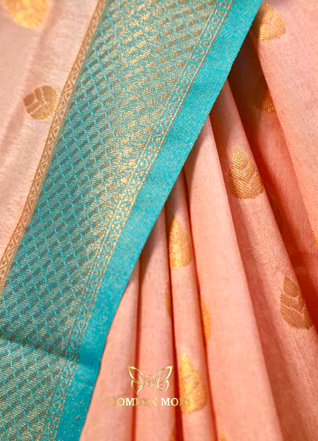 Coral Pink and Blue Bombyx Banarsi saree