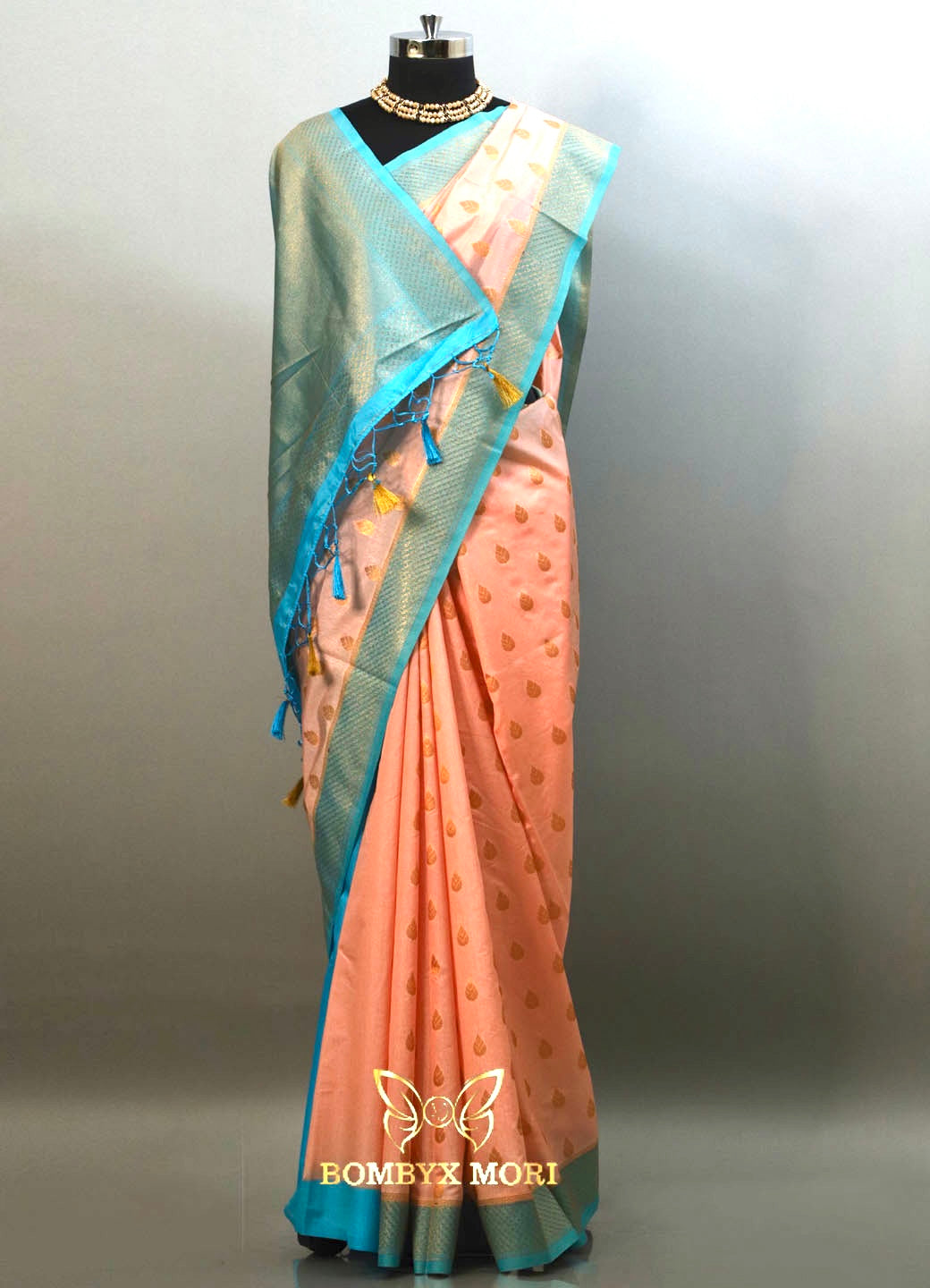 Coral Pink and Blue Bombyx Banarsi saree