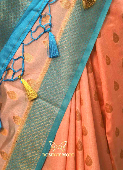 Coral Pink and Blue Bombyx Banarsi saree